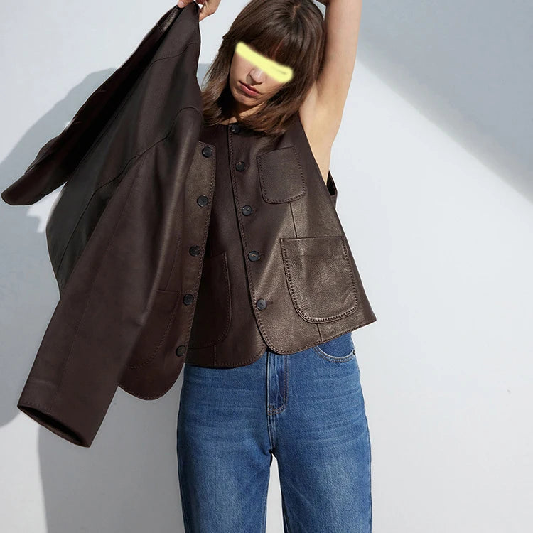 Women's Autumn Clothing European High Quality Sheepskin Casual O-Neck Single-Breasted Coffee Litchi Stria Genuine Leather Jacket