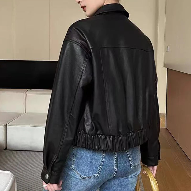 Genuine Leather Jacket for Women Sheepskin Leather Short Coat Female Collar Cropped Veste Woman Clothing Basic Daily Outfit