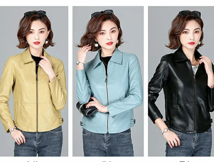 New Women Sheepskin Jacket Spring Autumn 2025 Fashion Casual Long Sleeve Short Zipper Leather Coat Loose Split Leather Outerwear