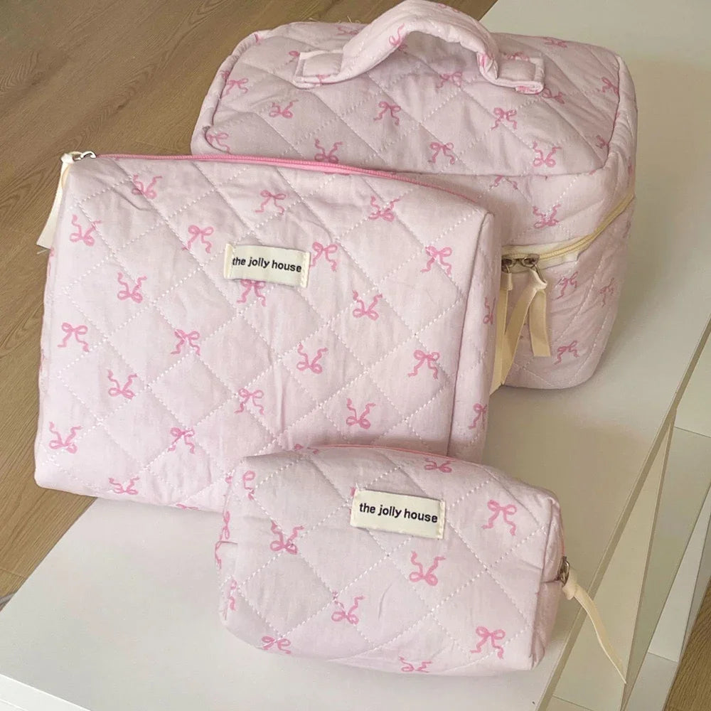 1PC Pink Strawberry Women Cosmetic Quilted Bag Portable Travel Organizer Toiletry Makeup Storage Pouch Handbag Ladies Zipper Bag