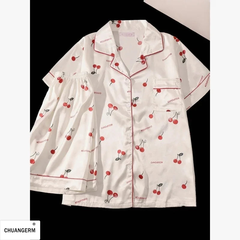 Cherry Print Silk Pajamas Set For Women Summer Short Sleeve Shirt And Shorts Two Pieces Sleepwear Homewear Nightwear