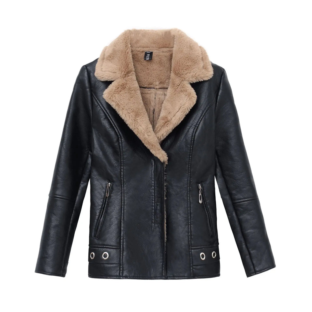 Women's Biker Style Thickened Short Leather Jacket Autumn Winter Street Fashion PU Material Versatile Outerwear Coat
