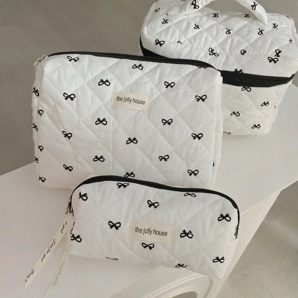 Fashion Cherry Tote Women Makeup Bag Portable Cute Ladies Cosmetic Toiletry Storage Pouch Handbag Cotton Quilted Zipper Bag