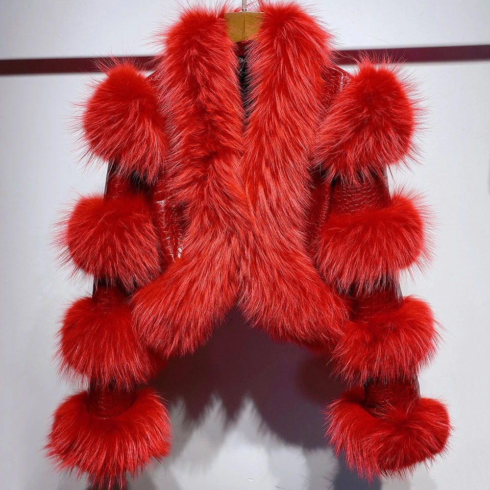 YOLOAgain Women's Natural Fox Fur Jacket Real Leather Cropped Jacket Streetwear