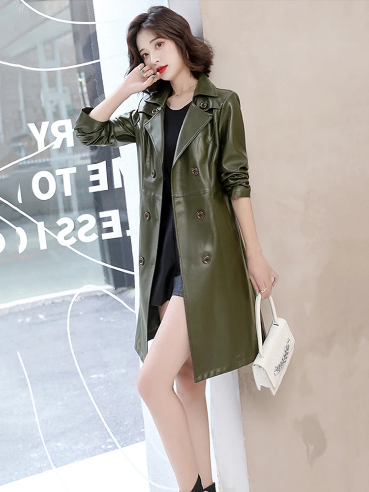 2026 Spring Autumn Sheep Leather Long Trench Coat Women Double Breasted Slim Trench Coat Female Outwear Fashion Windbreaker
