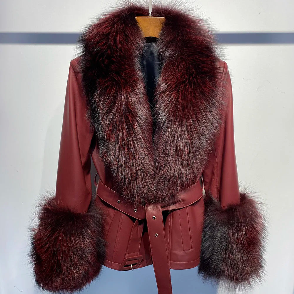 YOLOAgain Women's Real Fox Fur Collar Sheepskin Leather Jacket Coat Autumn 2025