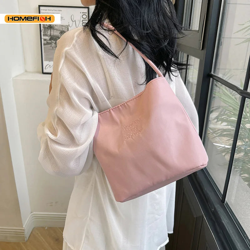 Embroidered Nylon Bucket Bag, Japanese Style Commuter Single Shoulder Bag, Fashion Spring Summer Small Square Handbag for Women