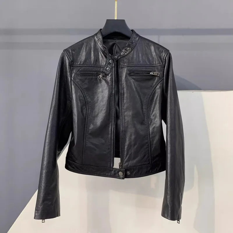 Autumn Fashion Genuine Leather Women Short Jacket Stand Collar Zipper Coat Top Work Lady Slim Fit Jackets Casual Black Outerwear