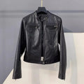 Autumn Fashion Genuine Leather Women Short Jacket Stand Collar Zipper Coat Top Work Lady Slim Fit Jackets Casual Black Outerwear