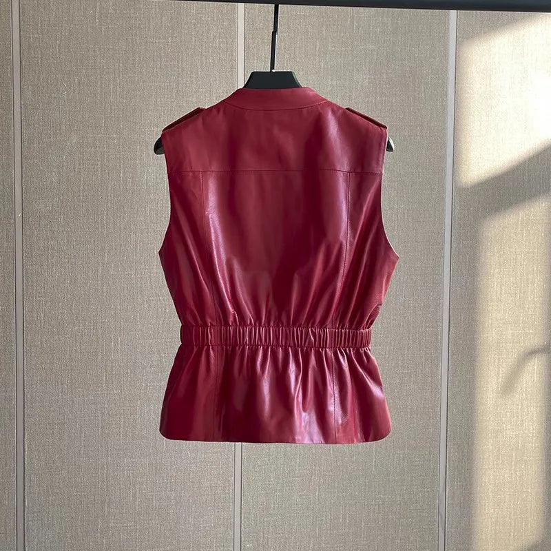 Women's Slim Waist Red Genuine Leather Vest Sleeveless Casual Jacket Short Style Versatile for Spring Autumn