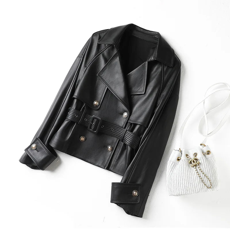 Leather Jacket for Women Spring Double-Breasted Belt Waist Closing Slim Ceket Kadın Imported Sheepskin Loose Short Trench Coat