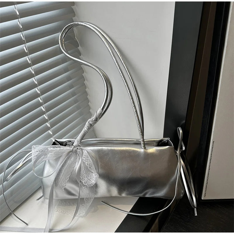French Elegant Square Bag Korean Bow Decoration Pu High-quality Bag Niche Simple Ballet Style Shoulder Bag New Casual Women Bags