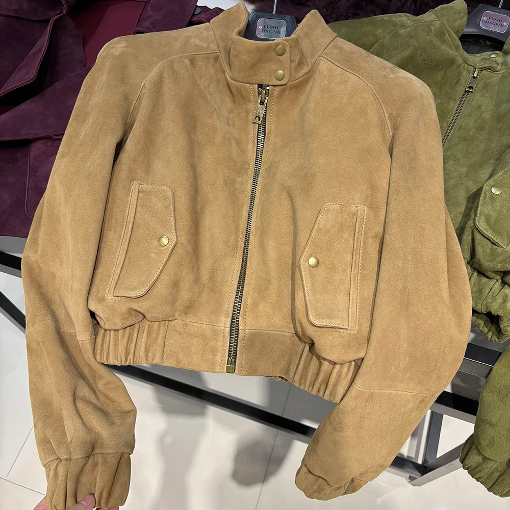 YOLOAgain Suede Leather Jacket Coat Women Real Leather Cropped Jacket Bomber Jacket