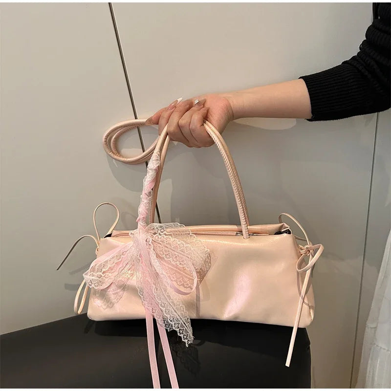 French Elegant Square Bag Korean Bow Decoration Pu High-quality Bag Niche Simple Ballet Style Shoulder Bag New Casual Women Bags