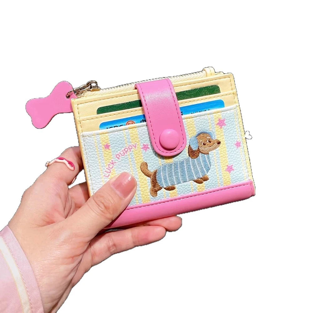 Women Cute Cartoon Embroidery Sausage Dog Wallet Zipper Coin Purse Double Fold Card Holder Wallet Ultra Thin Leather Money Clip