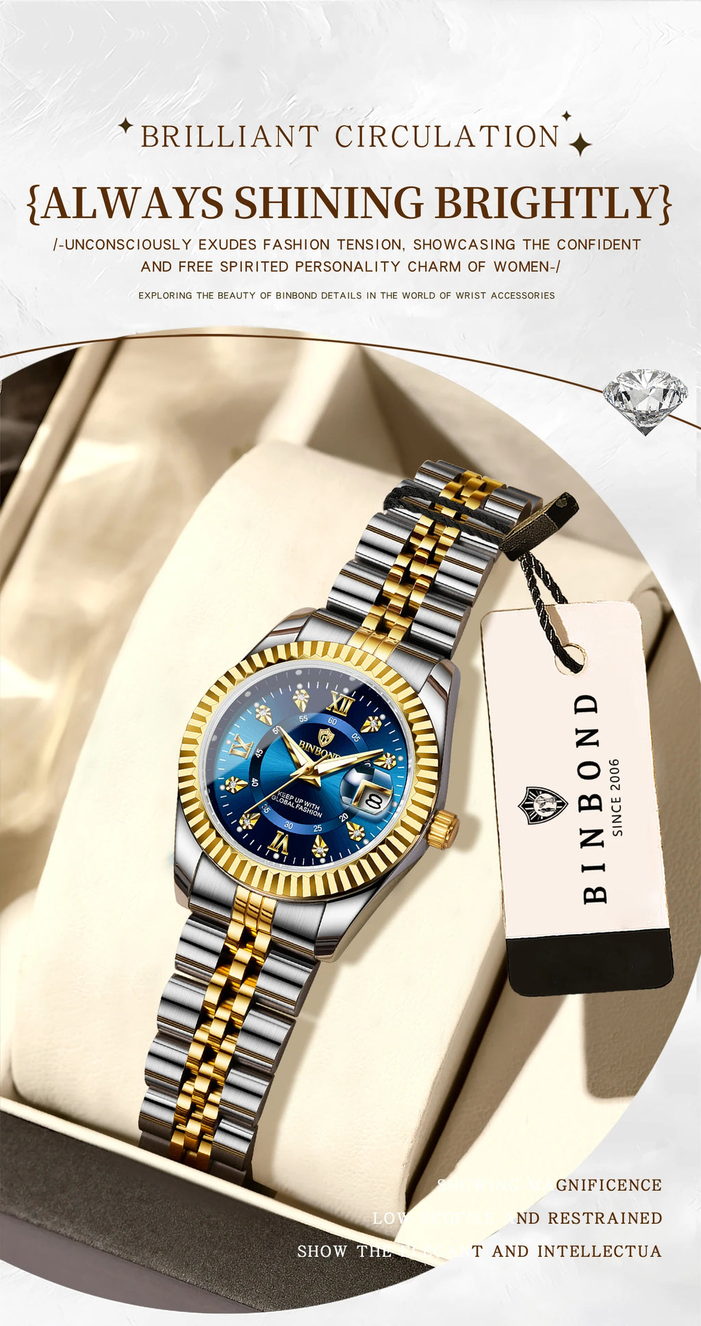 BINBOND Quartz Watches For Women Luminous Waterproof Stainless Steel Ladies Watch Montre Femme Luxe De Marque Reloj With Box