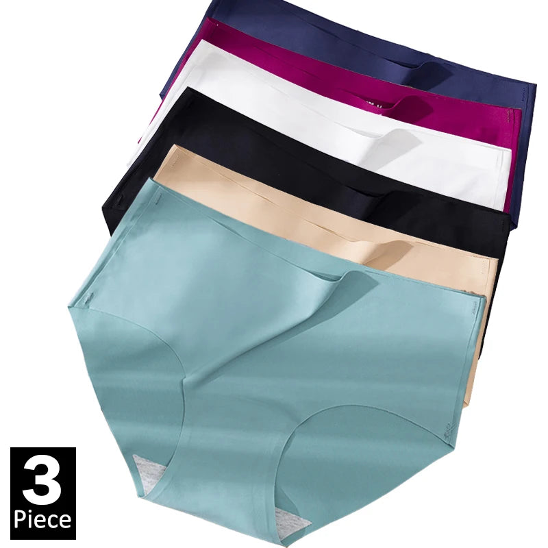 3Pcs Plus Size Underwear Women's Panties Ice Silk Solid Color Ladies Seamless Underpant Girls Briefs Breath Sexy Lingerie Female