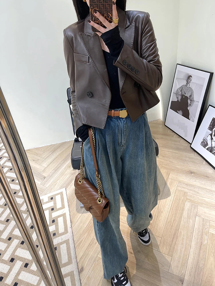 Suit Leather Jacket For Women 2025 Female 100% Sheepskin Lined Suit Collar Slim Short Quilted Coats Retro OL Sobretudo Feminino