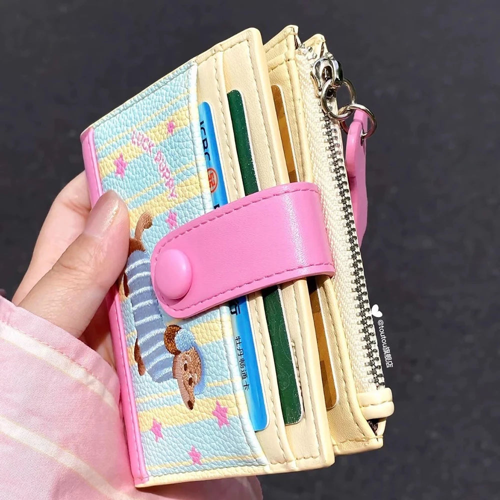Women Cute Cartoon Embroidery Sausage Dog Wallet Zipper Coin Purse Double Fold Card Holder Wallet Ultra Thin Leather Money Clip