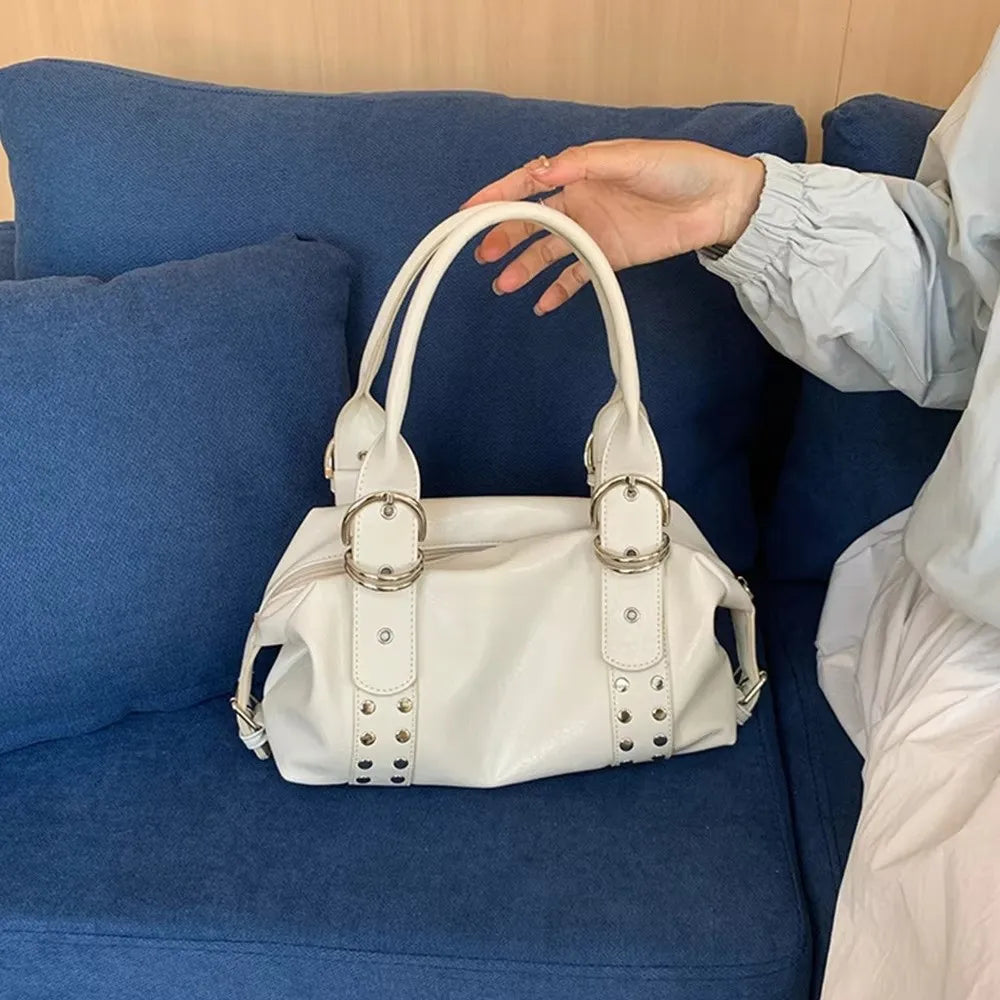 New PU Leather Women Shoulder Bag Large Capacity Y2K Motorcycle Bag High Quality Fashion Rivet Handbag Daily Use