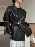 Japanese Style 2025 New Sheepskin Leather Coat for Women Elegant Square Neck Veins Skin Belt Short Jackets Coffee Jaqueta Couro