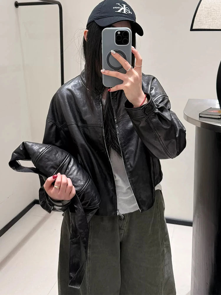 Women Spring Black Genuine Sheepskin Leather Short Jacket Coat Autumn Real Leather Jacket