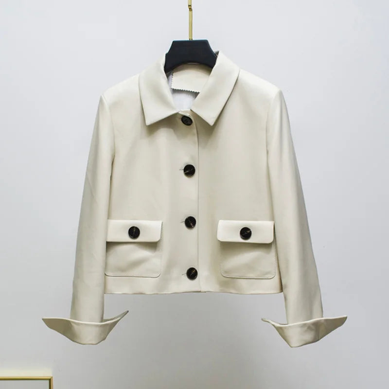 Women Genuine Leather Jacket 2025 Winter Female Square Collar Pocket Single-Breasted Slim Short Coat Mujer Outwear Blazer Kurtki