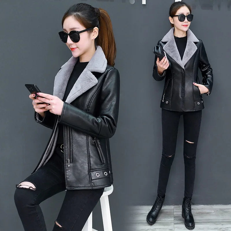 Women's Biker Style Thickened Short Leather Jacket Autumn Winter Street Fashion PU Material Versatile Outerwear Coat