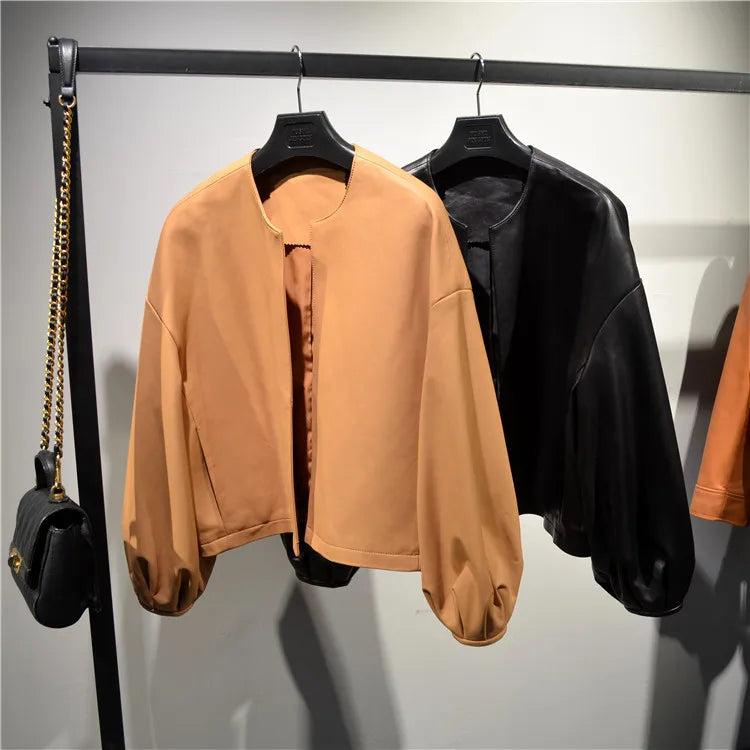 Autumn Puff Sleeve Genuine Leather Jacket Women 100% Sheepskin Collarless Cardigan Casacas Loose Small Short Blouson Cuir Femme
