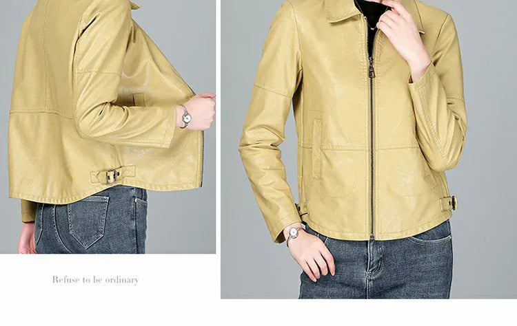 New Women Sheepskin Jacket Spring Autumn 2025 Fashion Casual Long Sleeve Short Zipper Leather Coat Loose Split Leather Outerwear