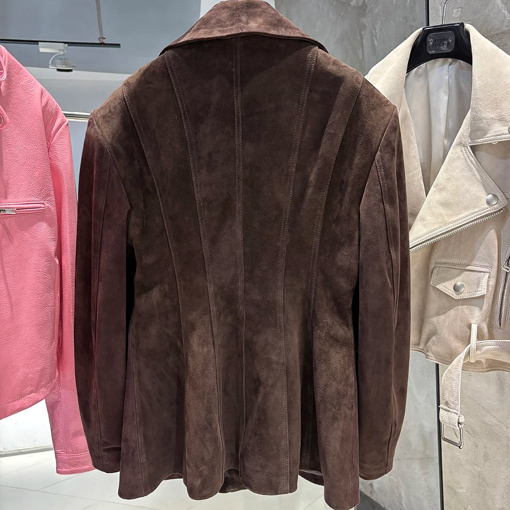 YOLOAgain Vintage Suede Blazer Jacket Women Double Breasted Lapel Dark Brown Genuine Sheepskin Leather Jacket Coat Female