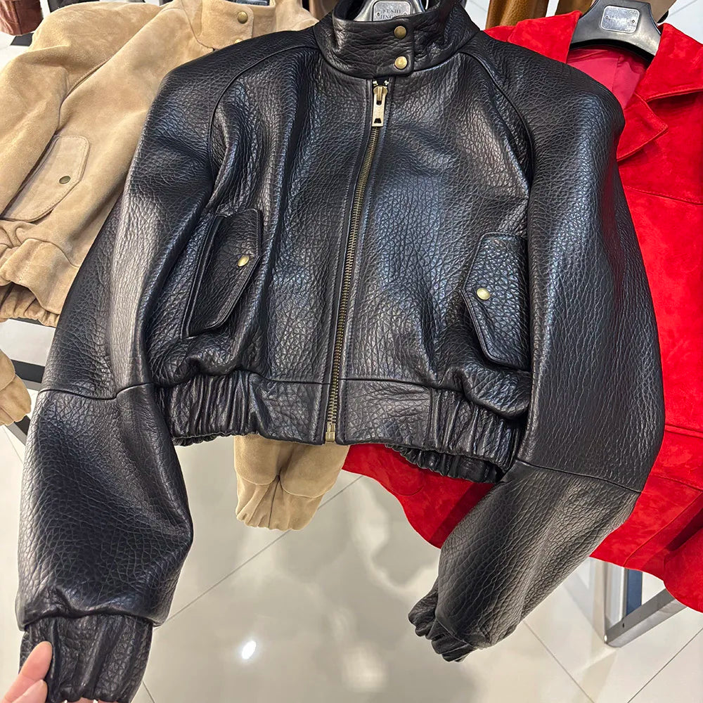 YOLOAgain Suede Leather Jacket Coat Women Real Leather Cropped Jacket Bomber Jacket