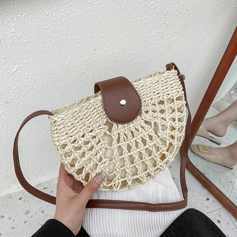 Summer Straw Bag For Women Fashion Semicircle Crossbody Bags Rattan Handmade Messenger Handbag Travel Beach Bags Tote