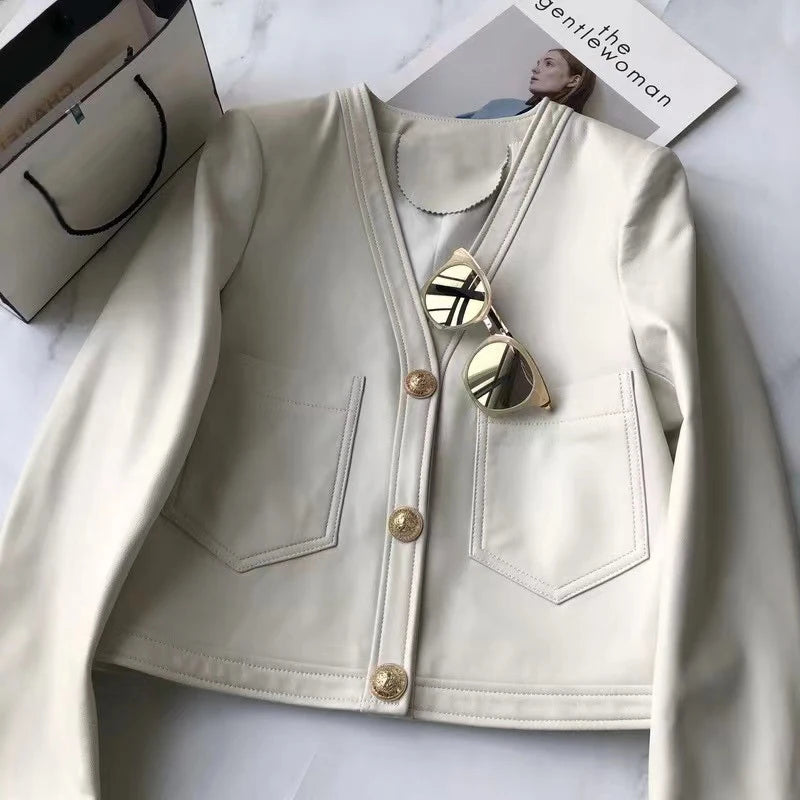 Genuine Sheepskin Casacas Para Mujer Women Casual V-neck Short Khaki/White/Black Leather Jacket Feminino Slim Tops Trendy Pocket