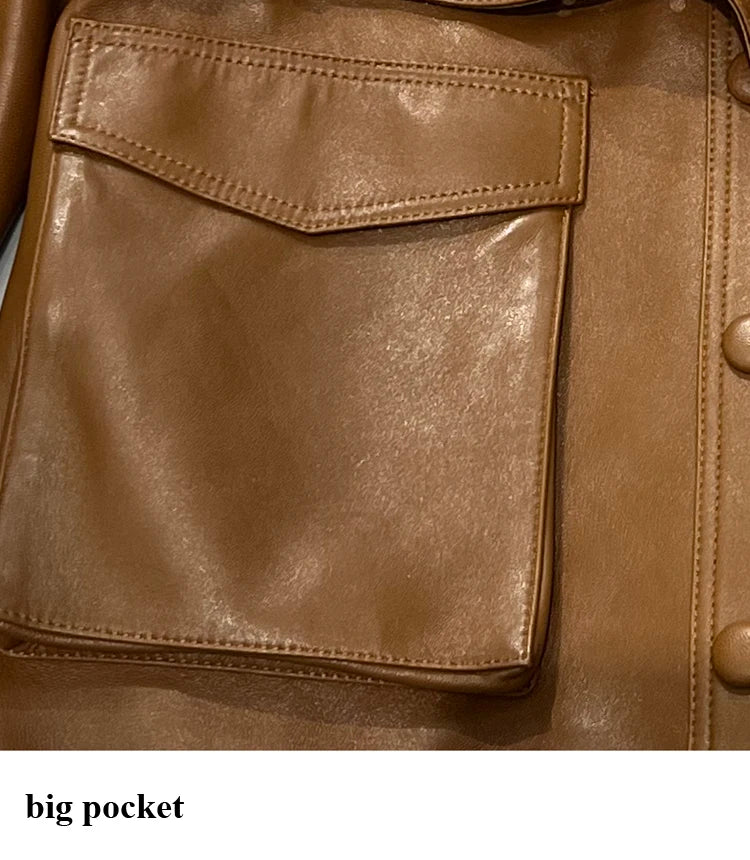 Winter Genuine Leather Outwears For Women High Quality Female Large Pocket Epaulet Belt Mid Long Jacket Female Warm Windbreaker