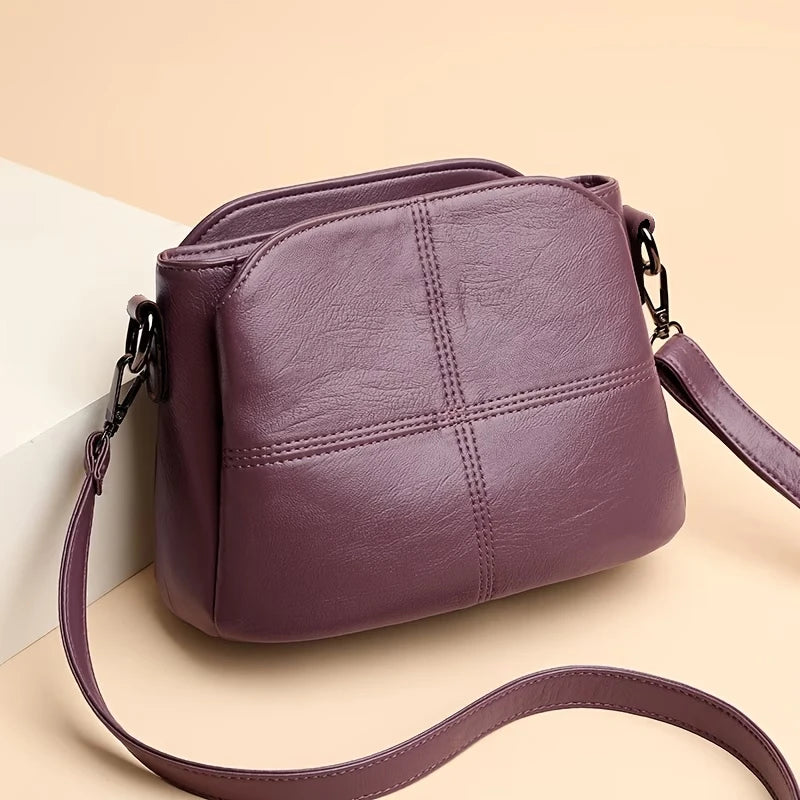 Women Vintage PU Leather Crossbody Bag Casual Daily Mini Shoulder Handbag Multi‑Layer Zipper Pocket Design Adjustable Strap Ligh