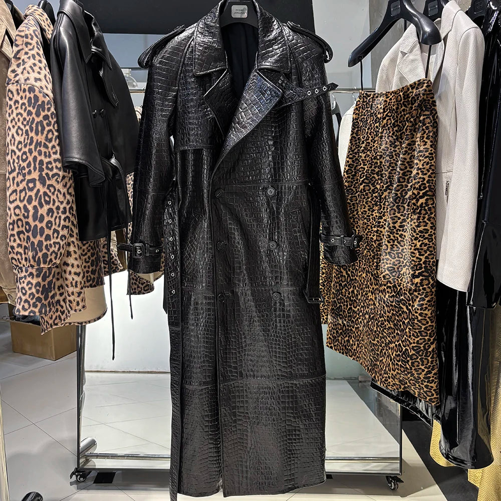 YOLOAgain 150cm Extra Length Real Leather Trench Coat Women Double Breasted Suede Coat Female