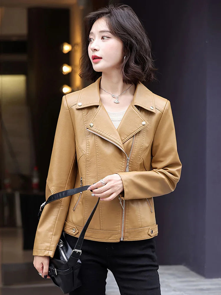 New Women Spring Autumn Leather Jacket Fashion Suit Collar Long Sleeve Motorcycle Jacket Casual Short Biker Coat Split Leather