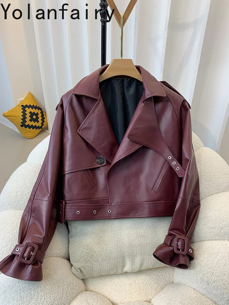 European Style Genuine Sheepskin Coat Women's Lapel Irregular Placket Real Leather Jacket Fashion Motorcycle Coats and Jackets
