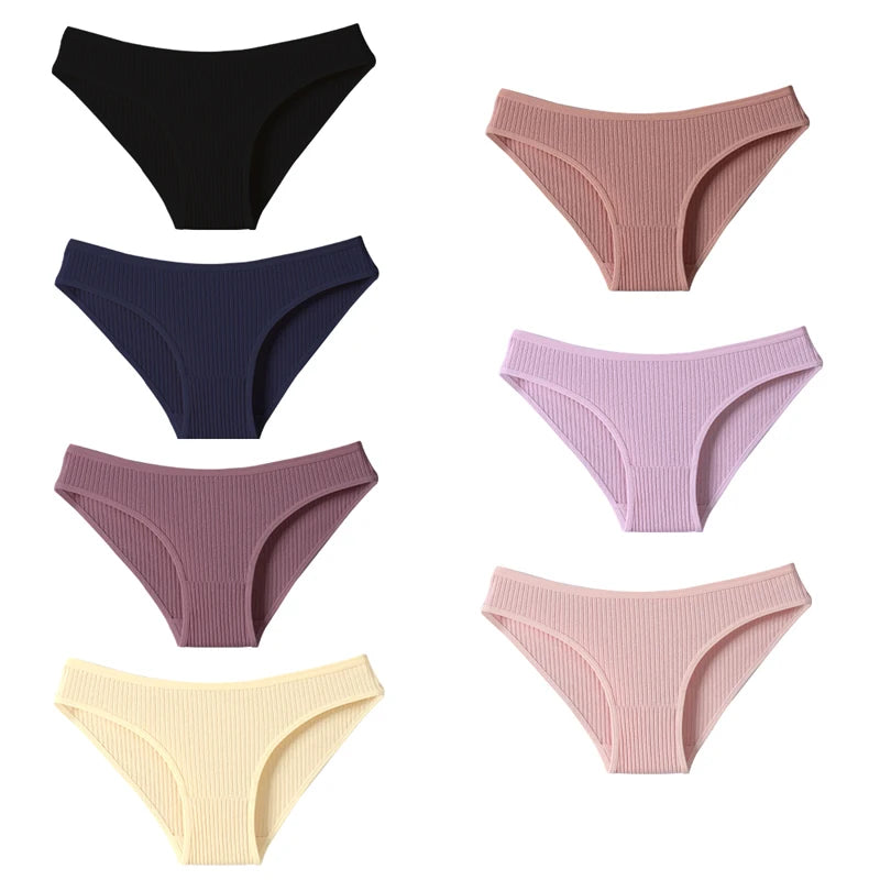 7Pcs Women's Panties Striped Briefs for Women Low-Rise Breathable Cotton Female Soft Underwear Solid Colors Ladies Underpants