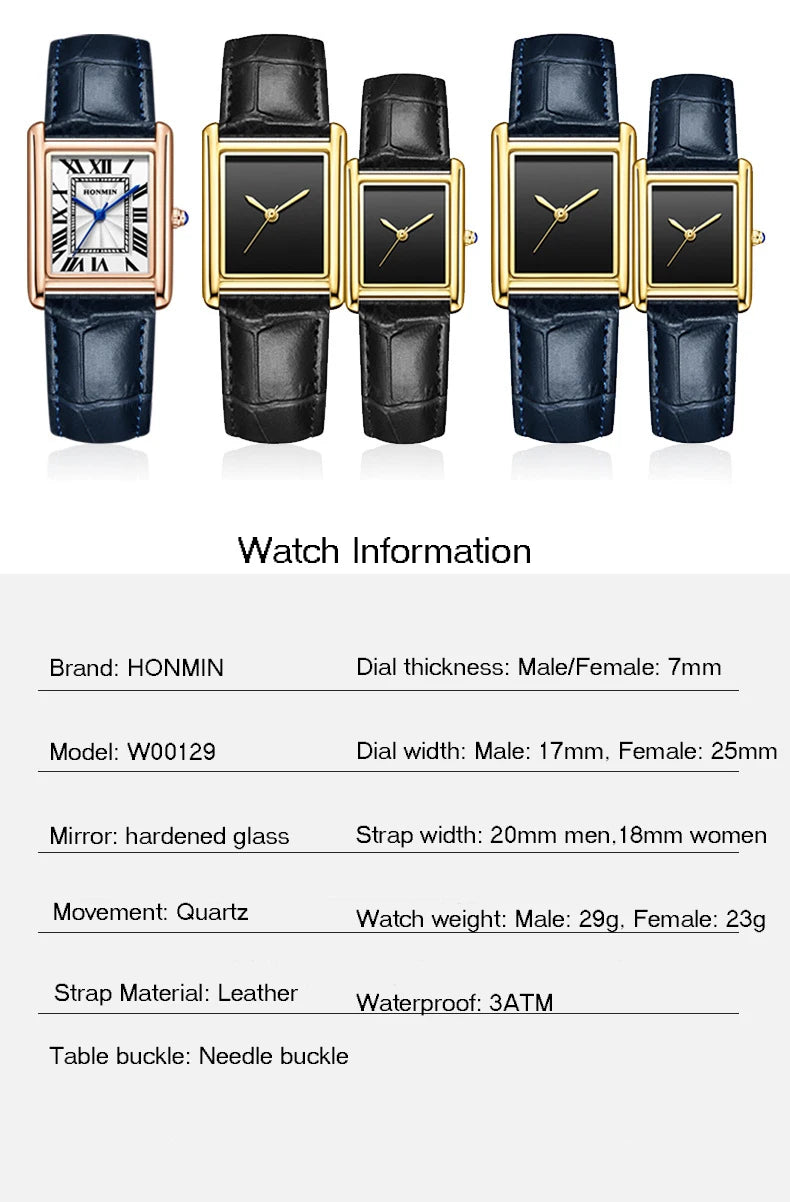 Brand Men's and Women's Watch Business Simple Square Student Leather Watches Waterproof Couple Fashion Quartz Wristwatches