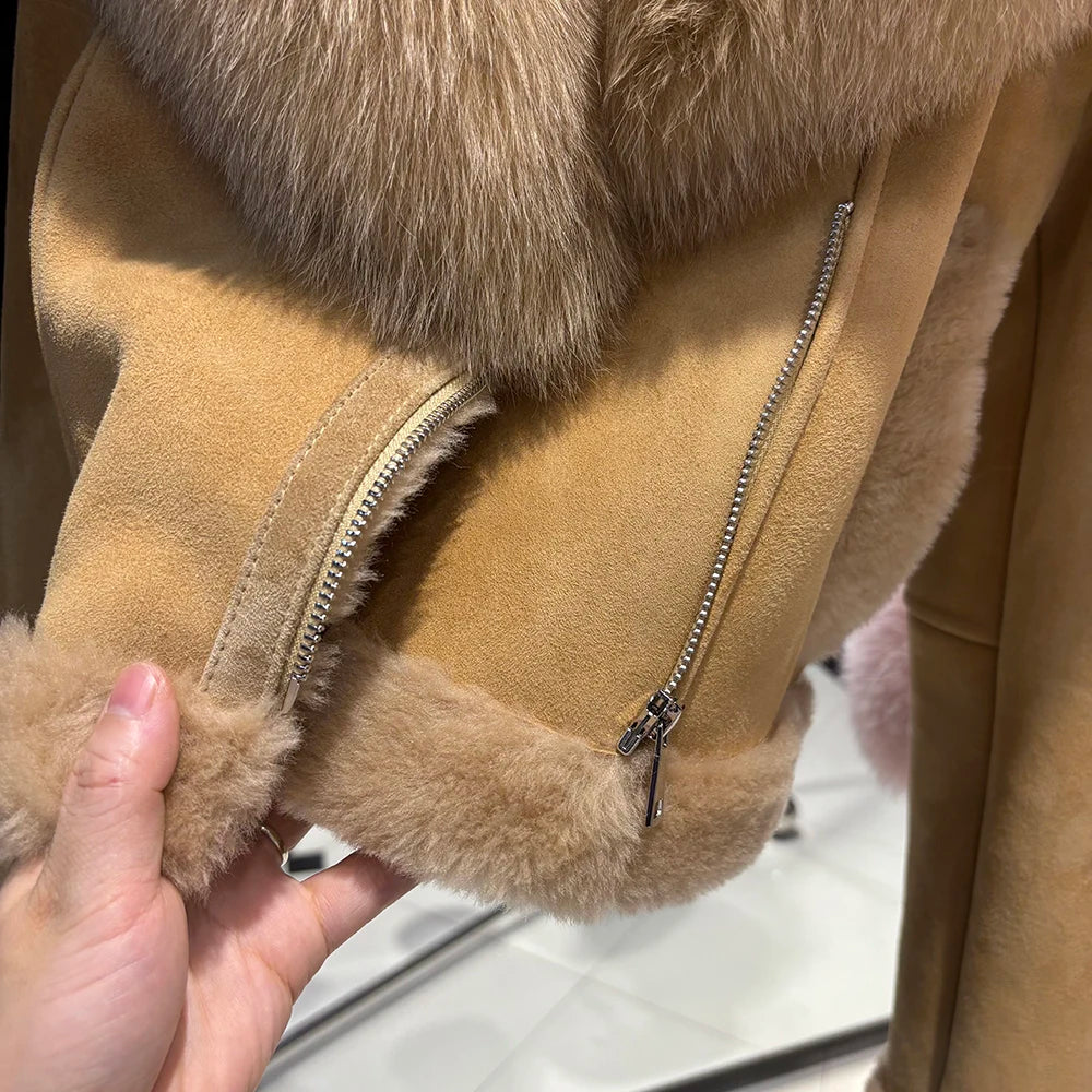 YOLOAgain Burgundy Shearling Jacket With Hood Women 2025 Winter Real Leather Jacket Coat