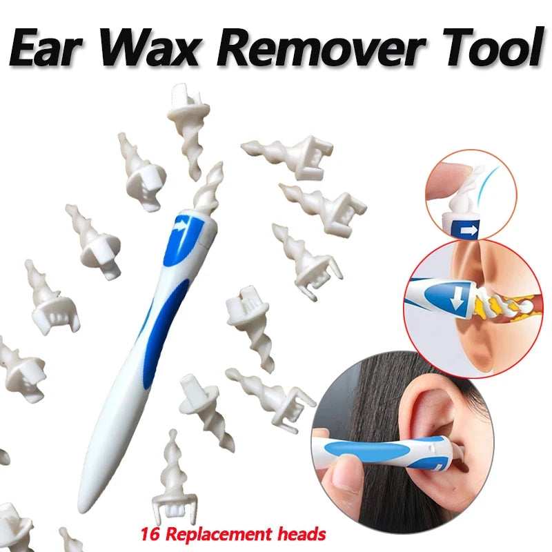 Portable Spiral Ear Wax Remover Tool Ear Cleaner with Soft Silicone 16 Replacement Tips Simply To Grab Extract Earwax