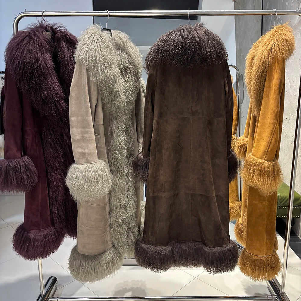 YOLOAgain Real Mongolia Sheep Fur Jacket Long Dark Brown Suede Coat Women