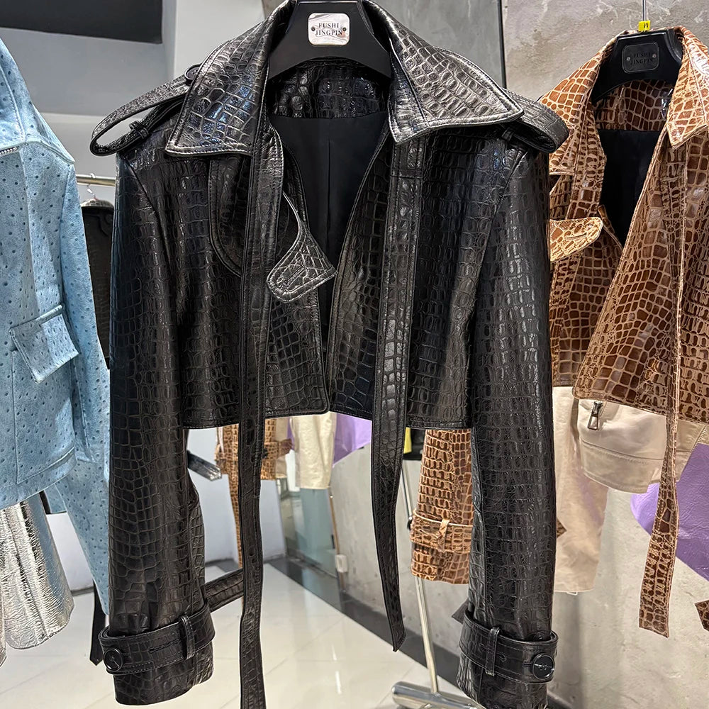 YOLOAgain Croc Pattern Real Leather Cropped Jacket Women Genuine Leather Jacket Female Streetwear