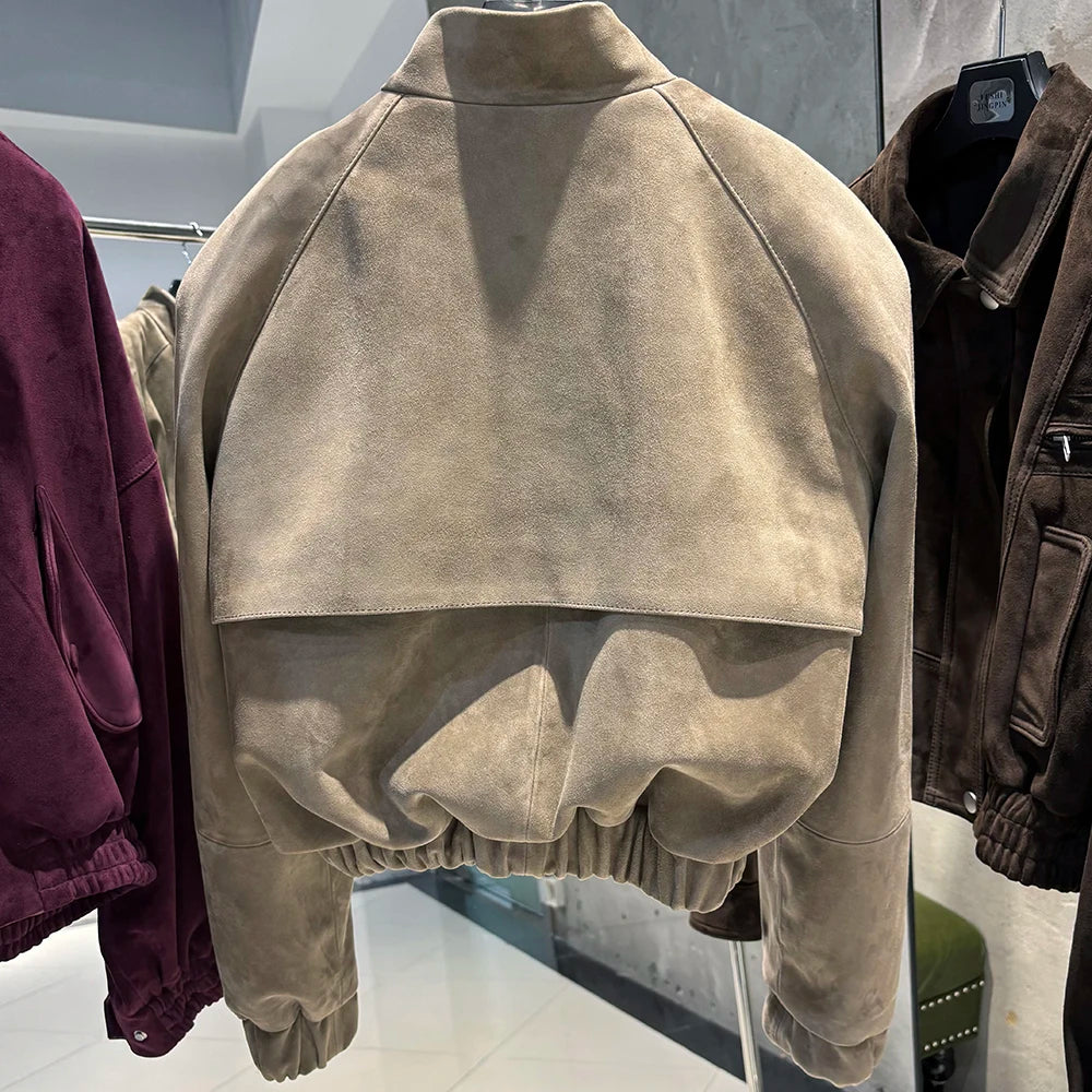 YOLOAgain Suede Leather Jacket Coat Women Real Leather Cropped Jacket Bomber Jacket