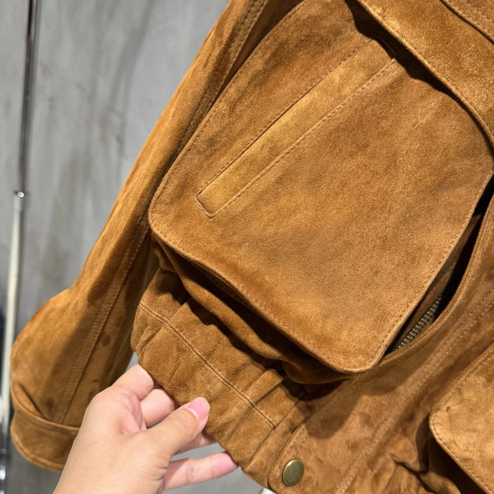 Suede Bomber Women Winter Genuine Sheep Leather Suede Coat with Big Pockets on the Body