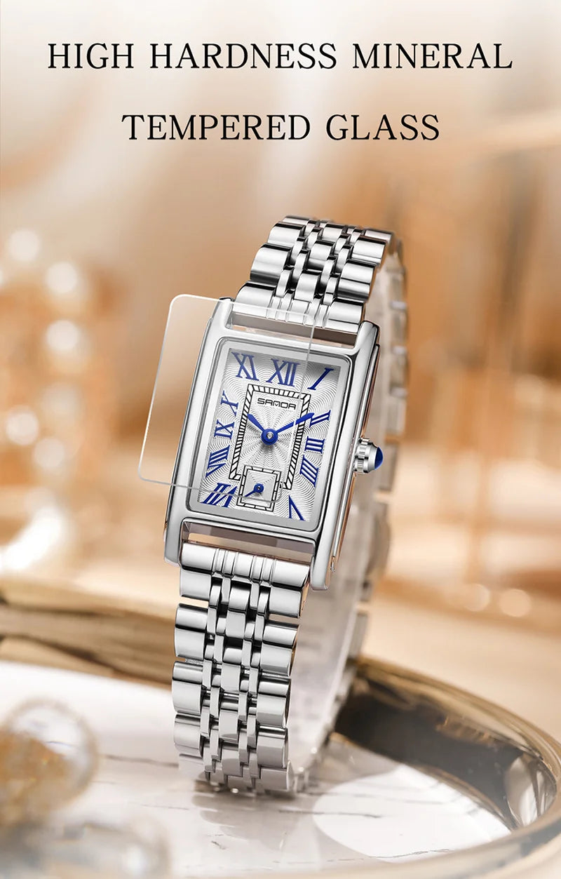 SANDA 1116 Elegant Women's Quartz Watch Casual Rectangular Waterproof Steel Leather Strap Casual Business Women's Watch часы