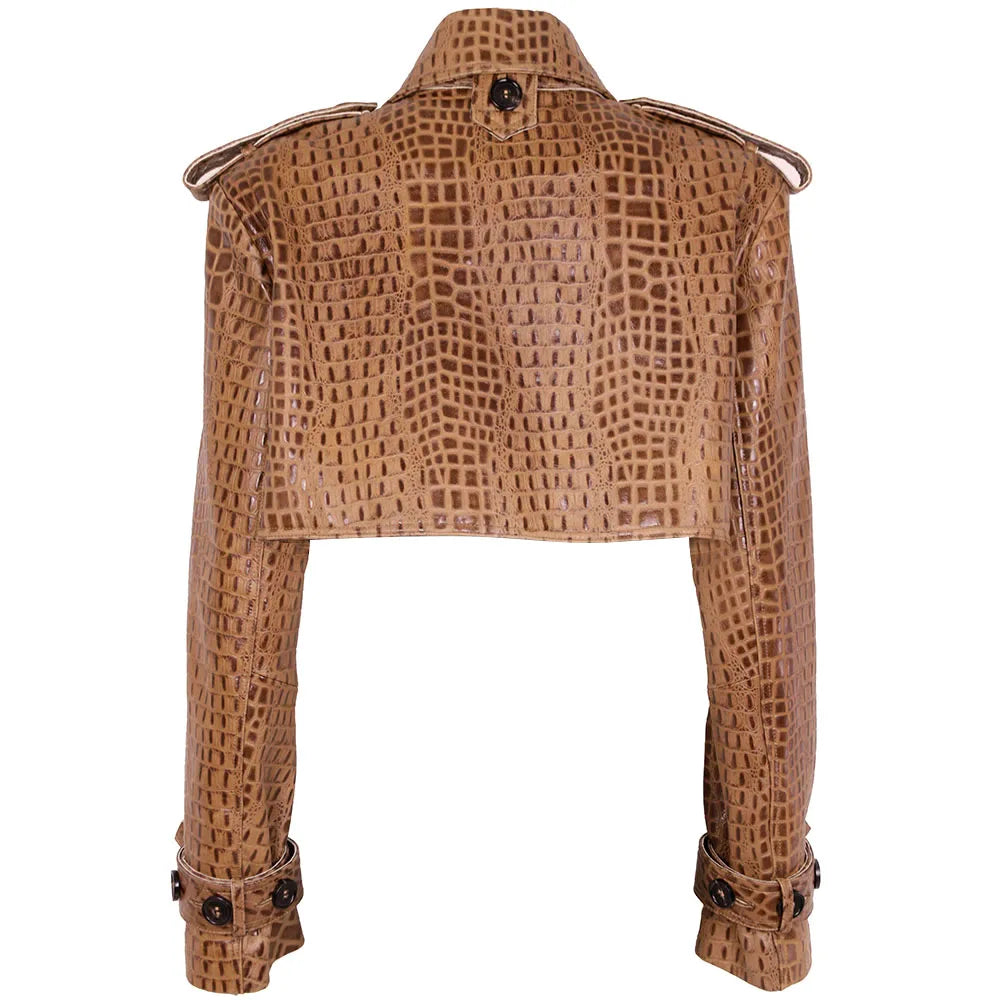 YOLOAgain Croc Pattern Real Leather Cropped Jacket Women Genuine Leather Jacket Female Streetwear
