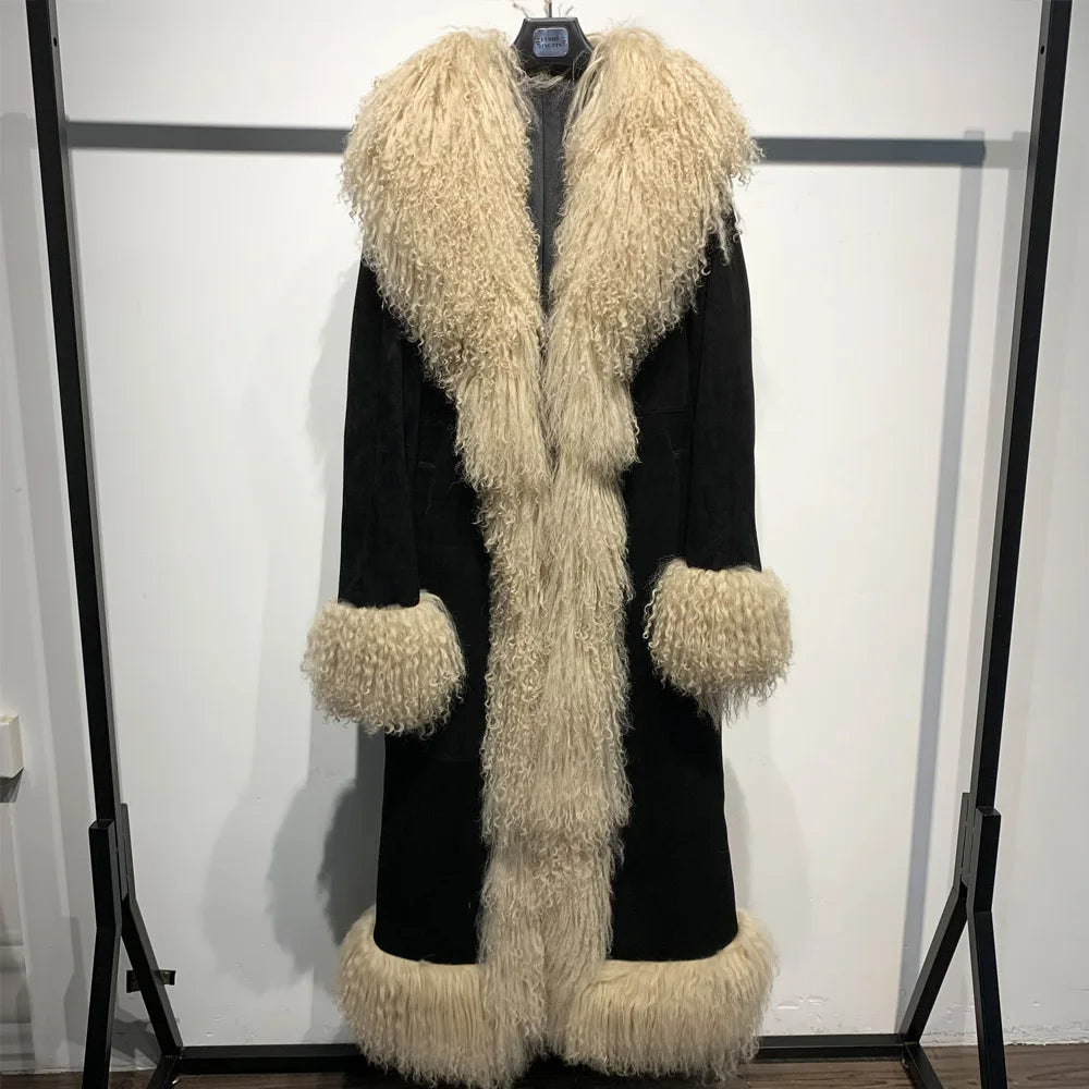 Sheep Fur Coat Long Women Autumn Genuine Sheepskin Coat Long with Mongfolian Fur Trim